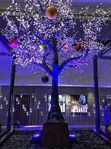 Marketo purple uplighting set behind a faux cherry tree. Cherry tree installed by another vendor at Hyatt Regency SF. Uplighting provided for corporate party throughout their lobby and event spaces.