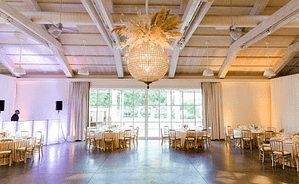 A 36" Crystal Casbah Chandelier hangs above the dance floor in the Solstice Room at Solage Calistoga. The chandelier has pampas grass attached to the top of it. On either side of the casbah chandelier is uplighting. The right side has a soft amber uplighting provided by 3 Stage Lighting. The left side has lavender uplighting provided by the DJ. The warm and cool tones create a visually striking color palette. In the middle below the chandelier are large windows looking out to the Solstice lawn.